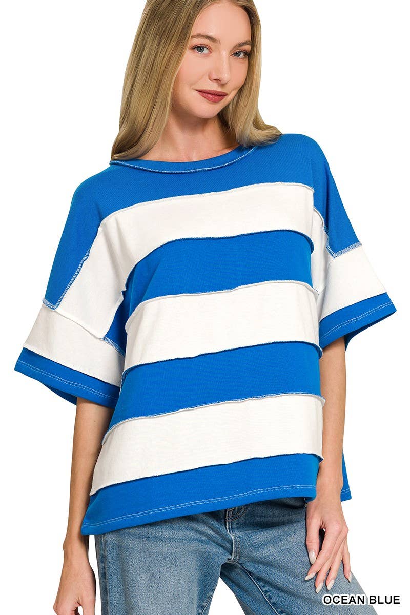 2 - Zenana - French Terry Striped Exposed Seam Top - Purses & Pearls
