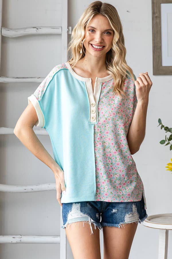 Color Block Half Floral Print Panel Button Front Top - Purses & Pearls