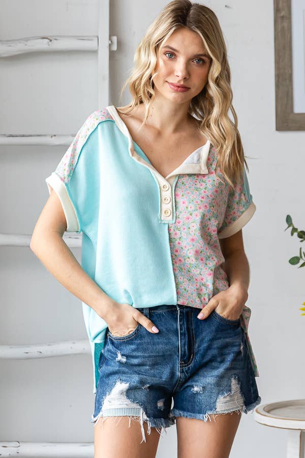 Color Block Half Floral Print Panel Button Front Top - Purses & Pearls