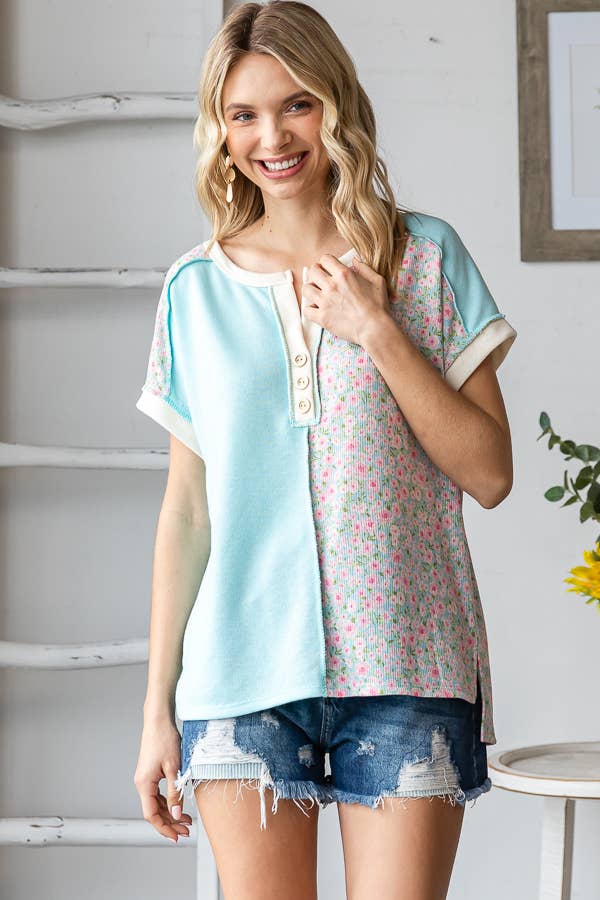 Color Block Half Floral Print Panel Button Front Top - Purses & Pearls