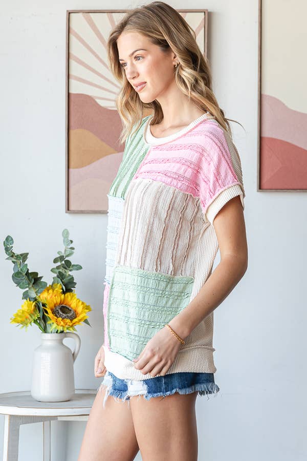 Color Block Textured Patchwork Short Sleeve Top - Purses & Pearls