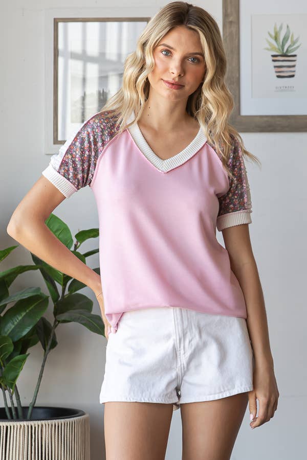 Floral Multi Fabric V - Neck Raglan Short Sleeve Top - Purses & Pearls
