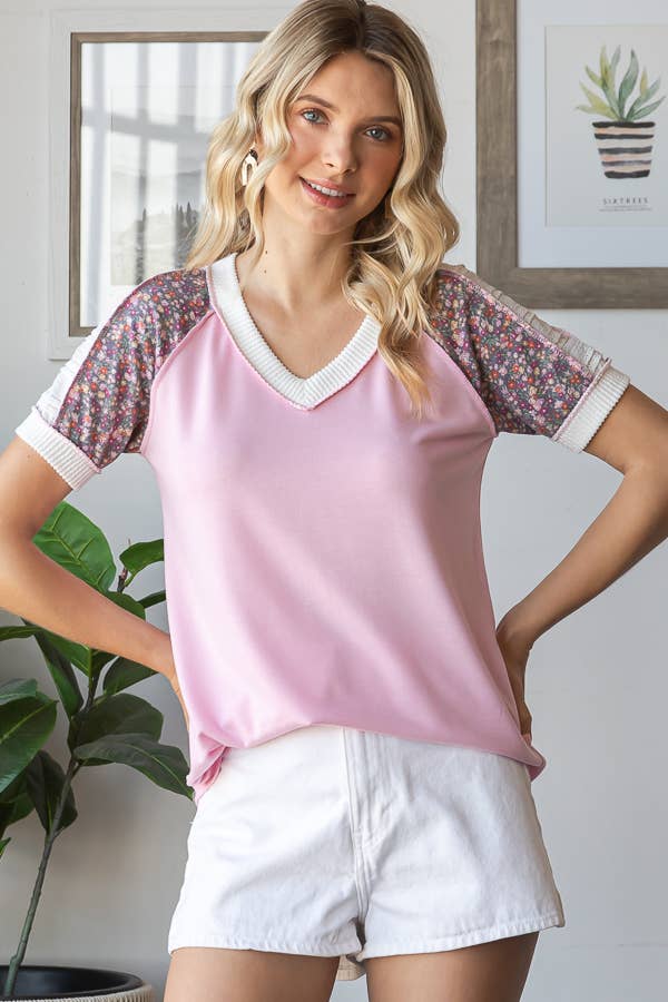Floral Multi Fabric V - Neck Raglan Short Sleeve Top - Purses & Pearls