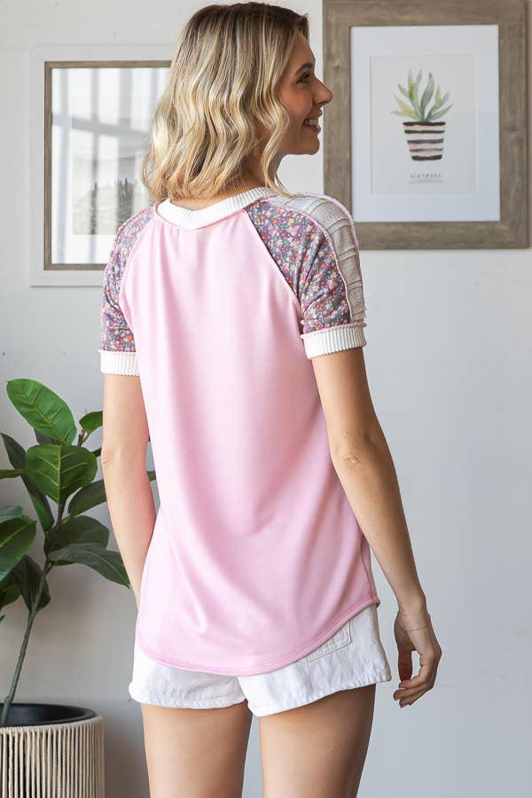 Floral Multi Fabric V - Neck Raglan Short Sleeve Top - Purses & Pearls