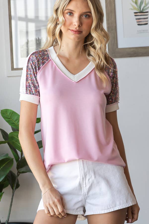 Floral Multi Fabric V - Neck Raglan Short Sleeve Top - Purses & Pearls