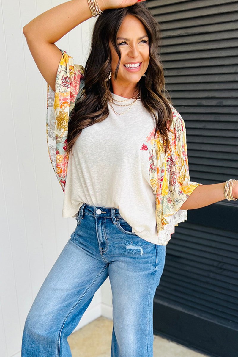 Floral Patchwork Half Batwing Sleeve Blouse - Purses & Pearls