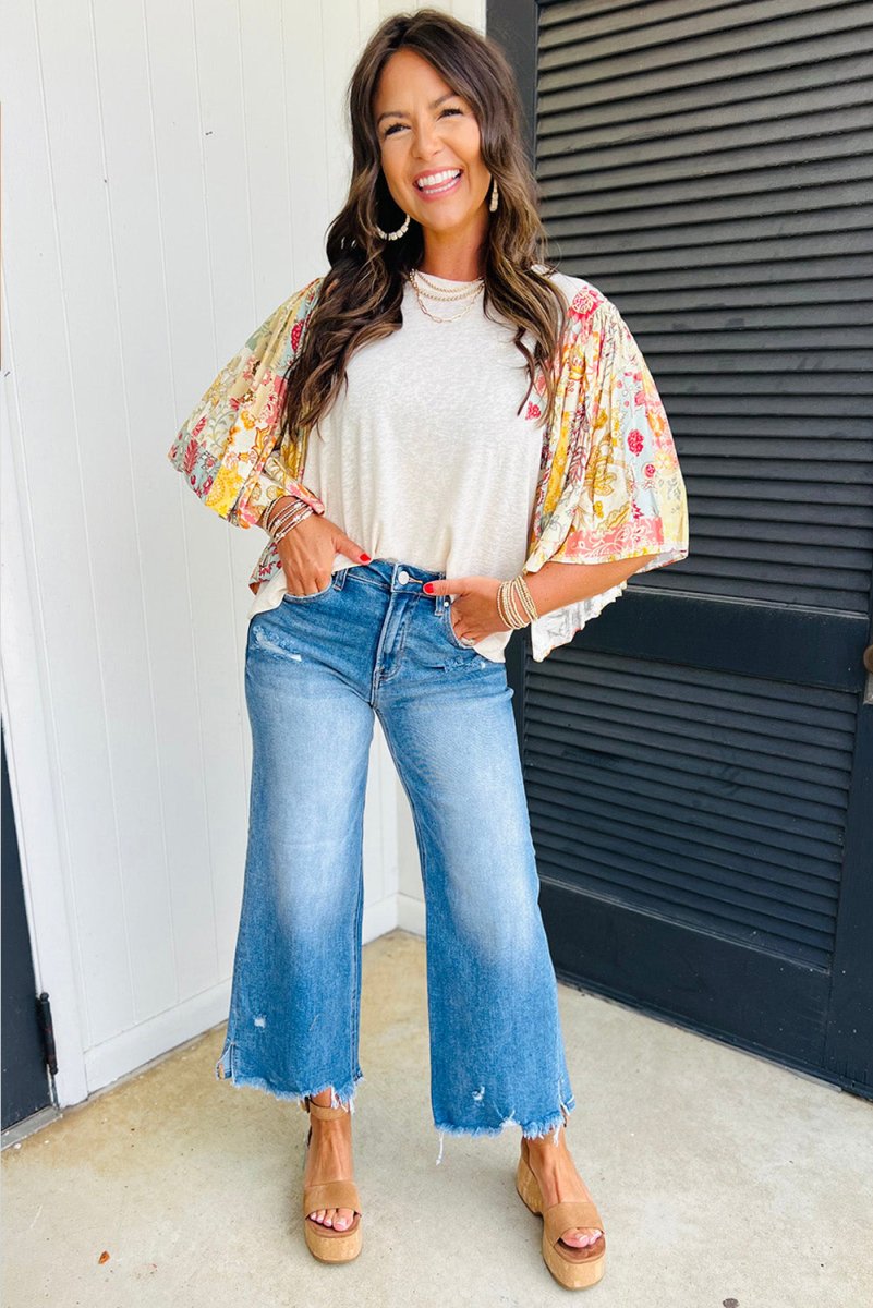 Floral Patchwork Half Batwing Sleeve Blouse - Purses & Pearls