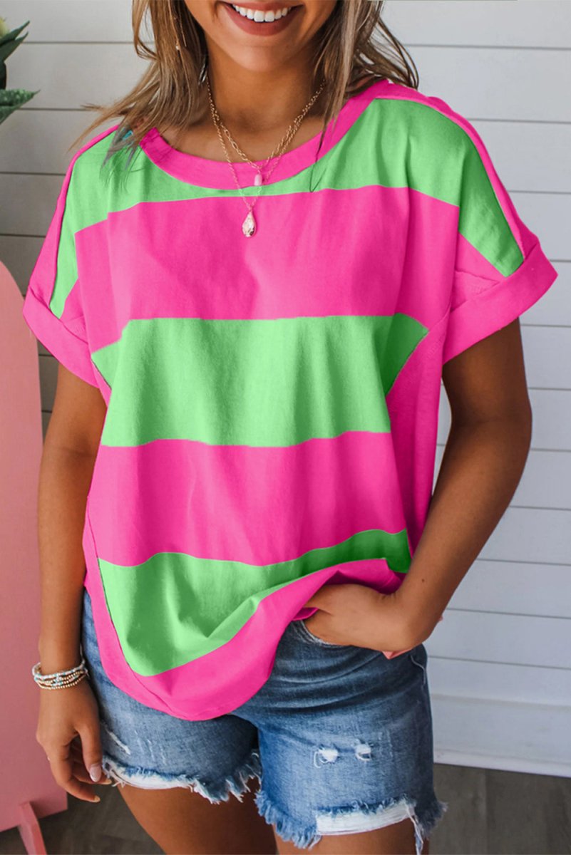 Green Colorblock Rounded Hem Loose T Shirt - Purses & Pearls