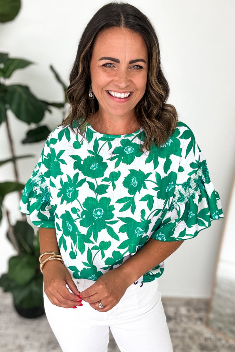 Green Floral Printed Ruffled Blouse - Purses & Pearls