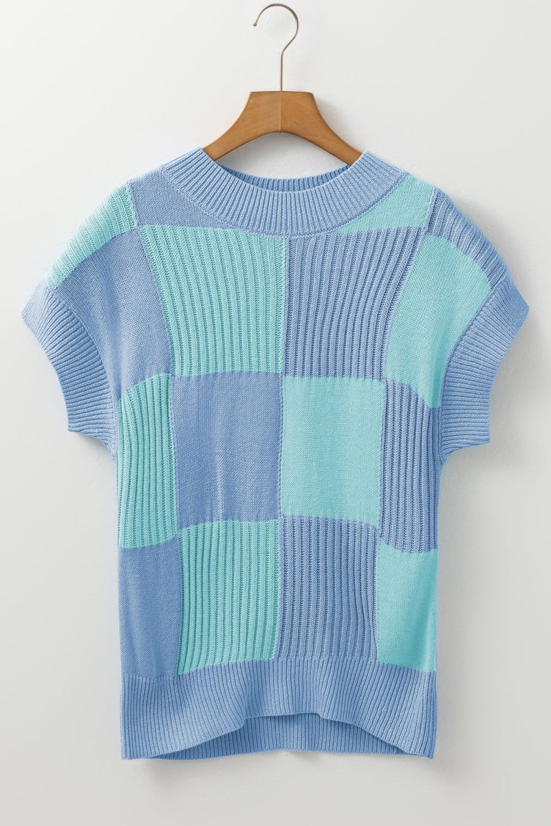 Light Blue Checkered Color Block Short Sleeve Sweater - Purses & Pearls