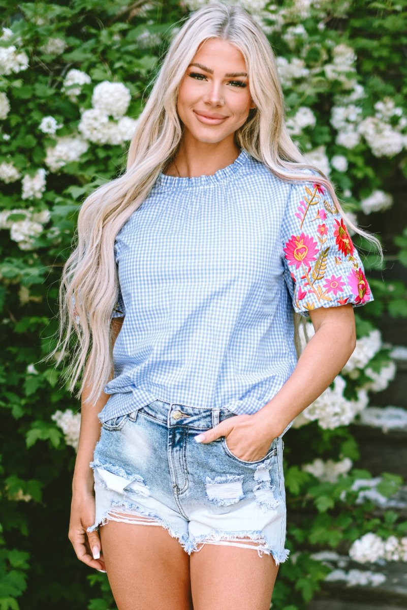Light Blue Gingham Floral Embroidered Puff Sleeve Blouse - Purses & Pearls