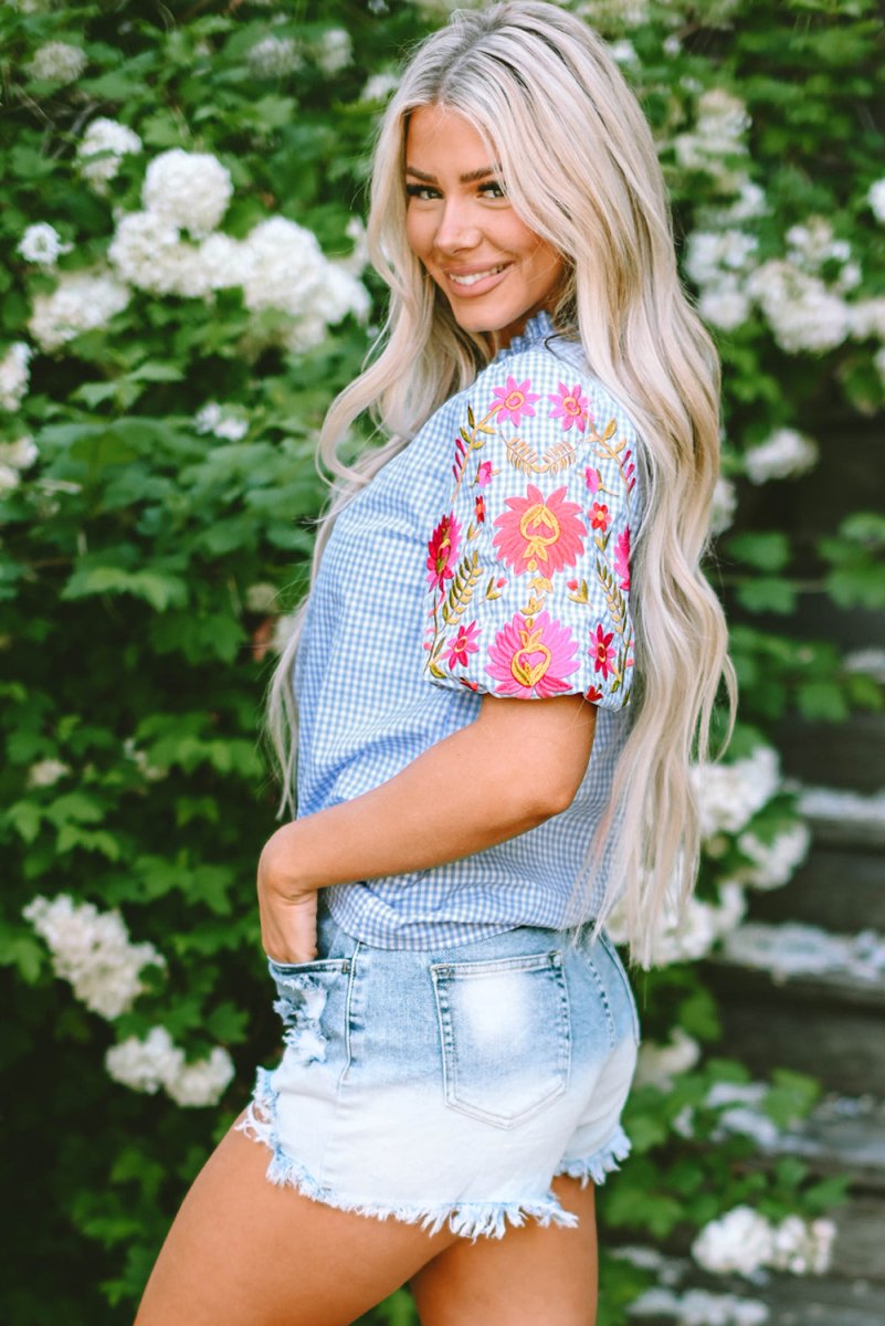 Light Blue Gingham Floral Embroidered Puff Sleeve Blouse - Purses & Pearls