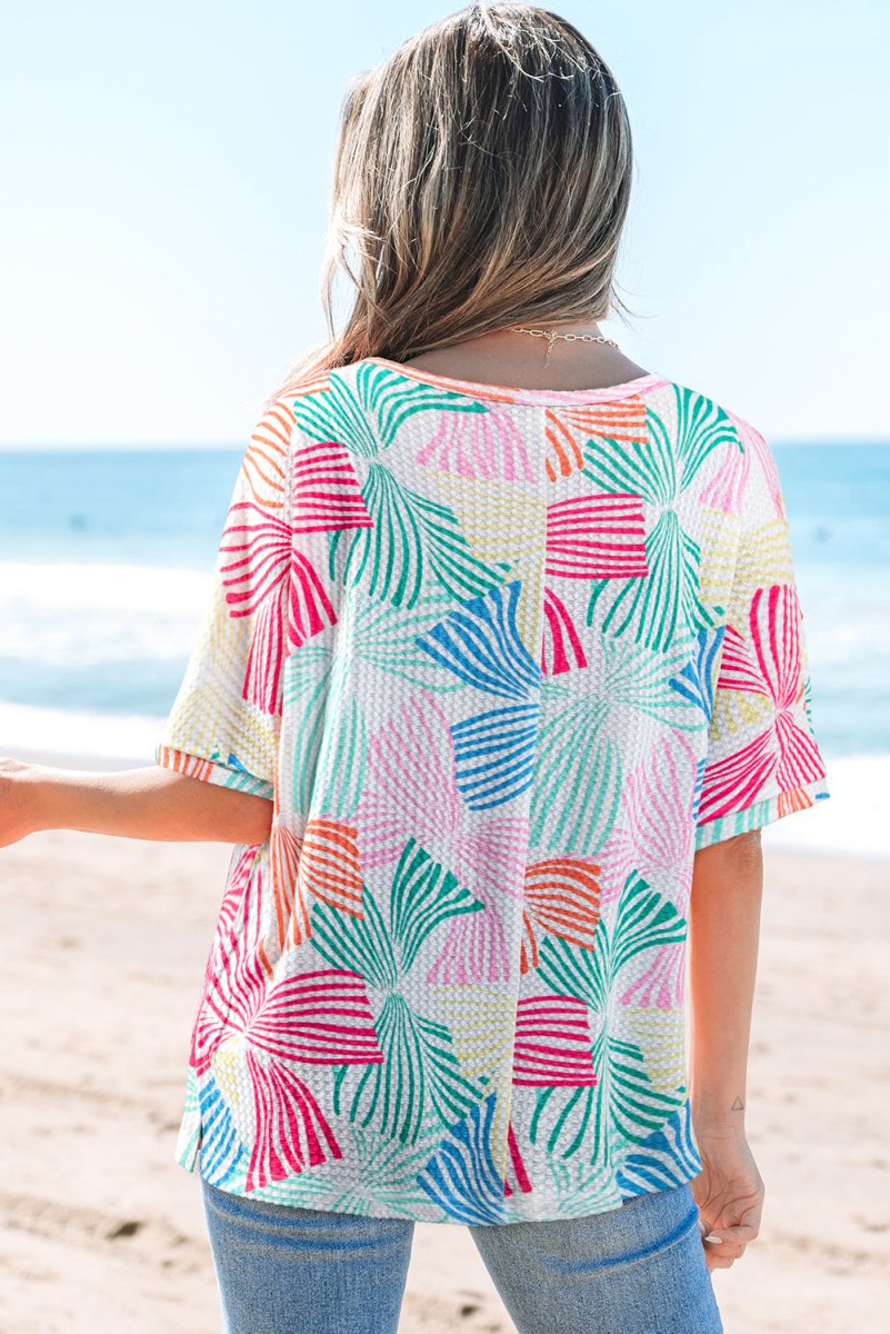 Multicolour Bowknot Printed Waffle Crewneck Loose Short Sleeve Top - Purses & Pearls
