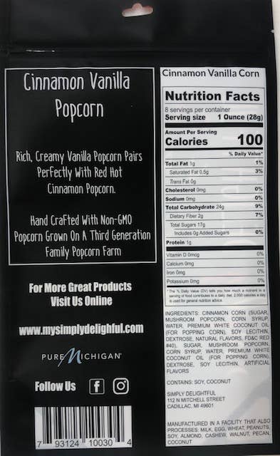 Simply Delightful - Cinnamon Vanilla Popcorn 8 oz - Purses & Pearls