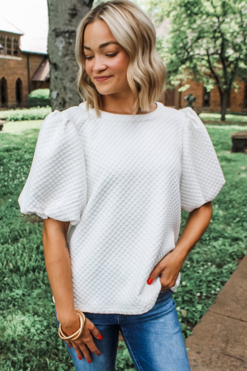 Solid Textured Neck Puff Sleeve Blouse in White - Purses & Pearls