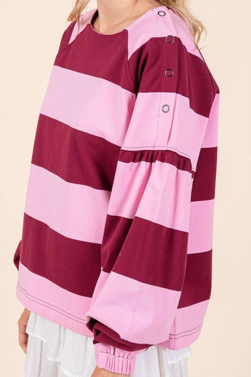 STRIPED SHOULDER BUTTON DETAIL LONG SLEEVE TOP - Purses & Pearls