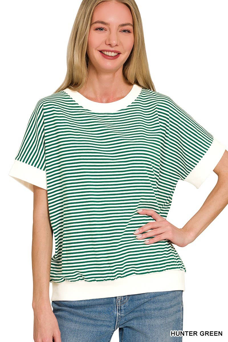 #6 Zenana - Stripe Contrast Trim Banded Bottom Top