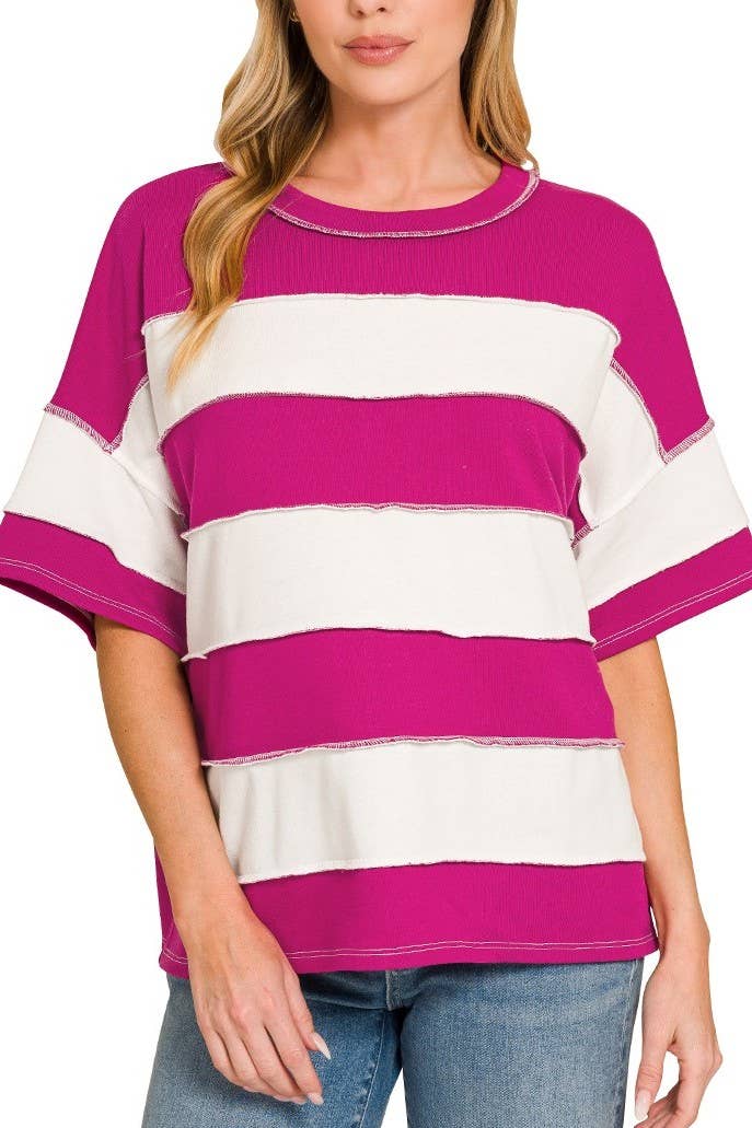 2 - Zenana - French Terry Striped Exposed Seam Top - Purses & Pearls
