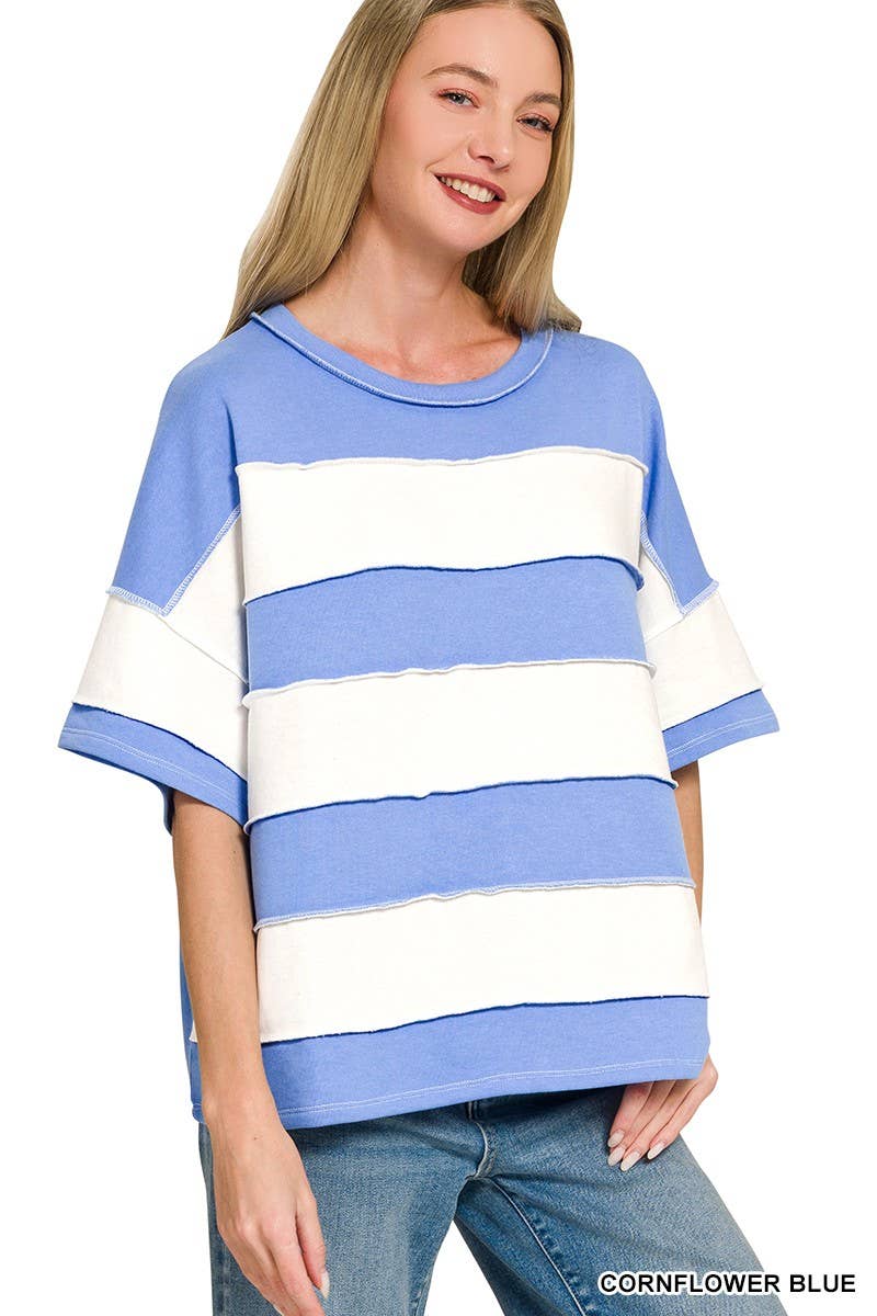 2 - Zenana - French Terry Striped Exposed Seam Top - Purses & Pearls