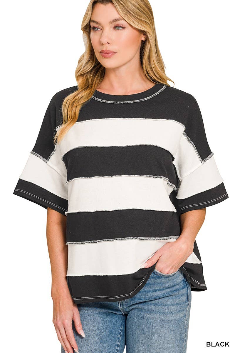 2 - Zenana - French Terry Striped Exposed Seam Top - Purses & Pearls