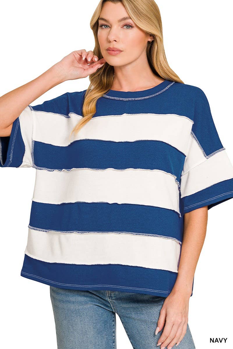 2 - Zenana - French Terry Striped Exposed Seam Top - Purses & Pearls