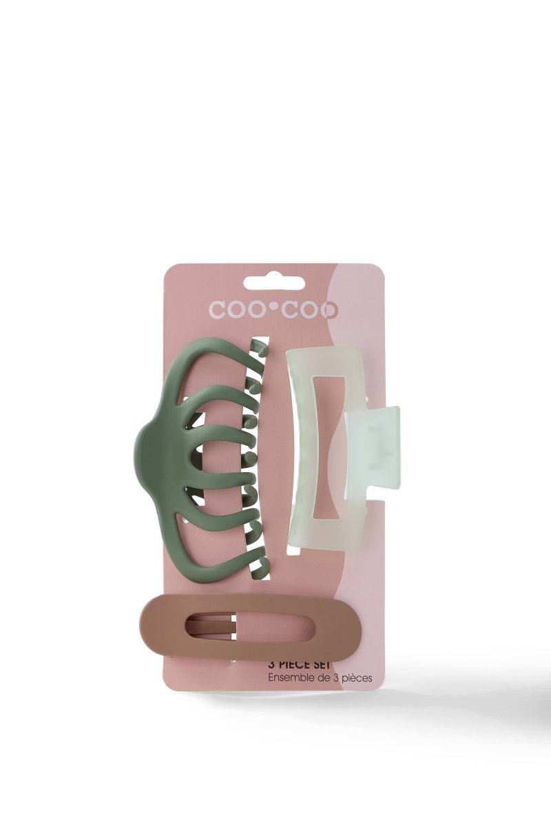 3 Claw Matte Assorted Size Pack - Eucalyptus/Taupe - Purses & Pearls