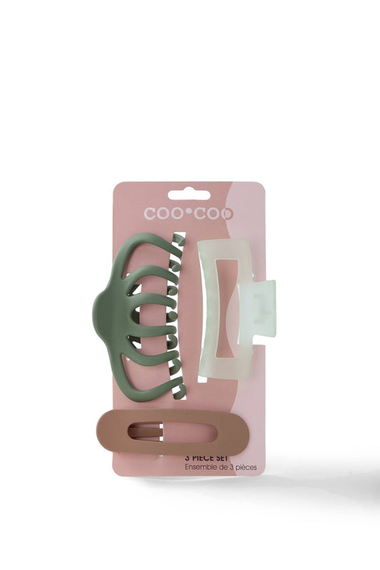 3 Claw Matte Assorted Size Pack - Eucalyptus/Taupe - Purses & Pearls