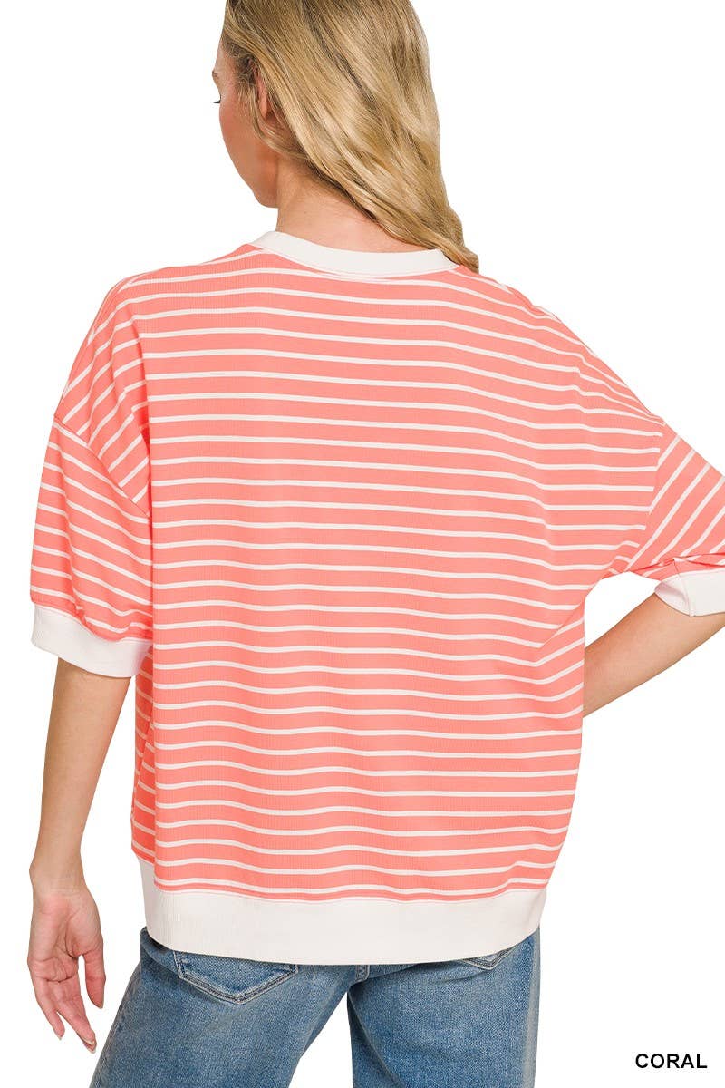 3 Zenana- Striped Rib Banded Pullover in Coral - Purses & Pearls