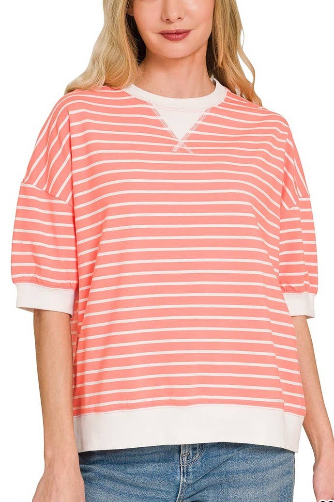3 Zenana- Striped Rib Banded Pullover in Coral - Purses & Pearls