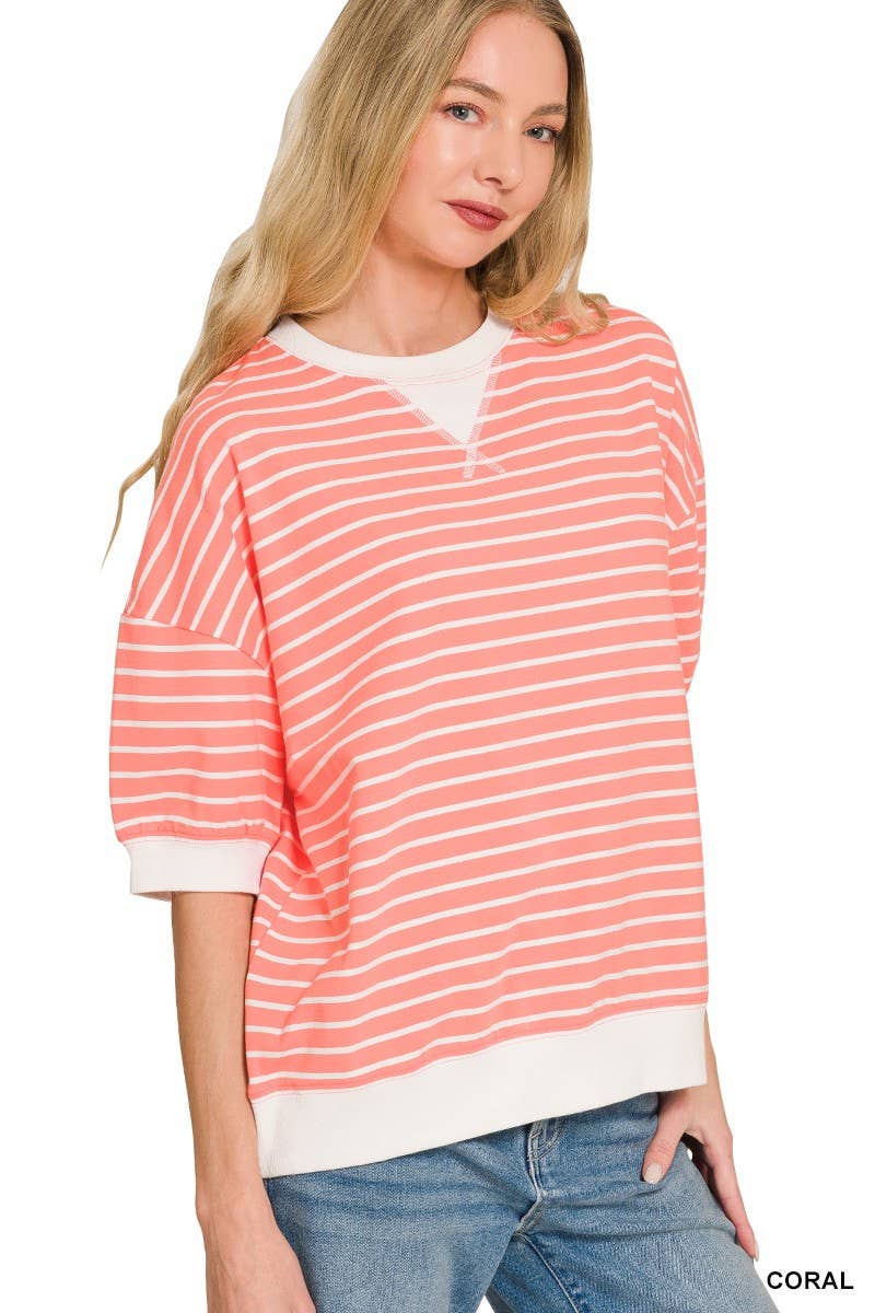 3 Zenana- Striped Rib Banded Pullover in Coral - Purses & Pearls