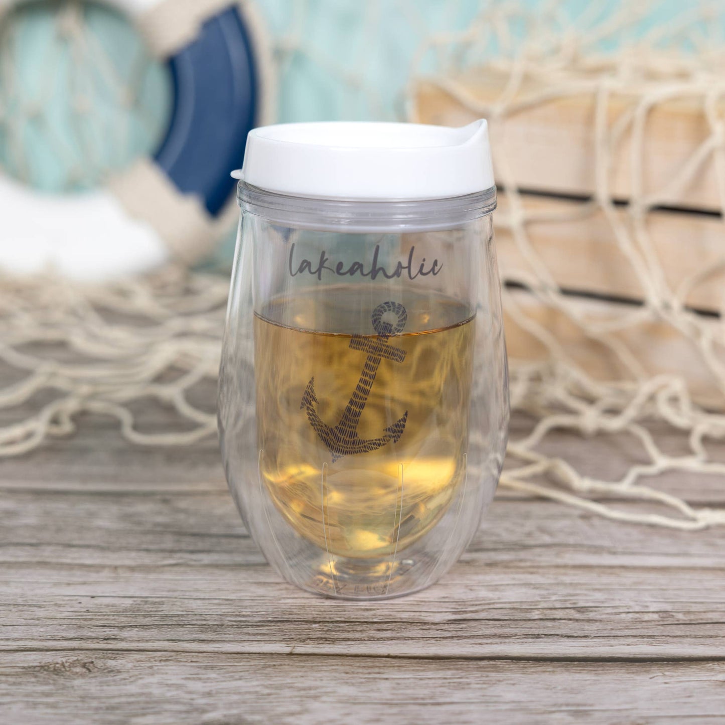 Lakeaholic - 12 oz Acrylic Stemless Wine Glass with Lid