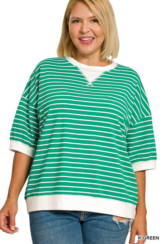 #5 Zenana - Plus Striped Rib Banded Pullover in Kelly Green