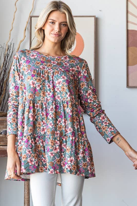 #45 LONG SLEEVE FLORAL PRINT TIRED TOP - Purses & Pearls