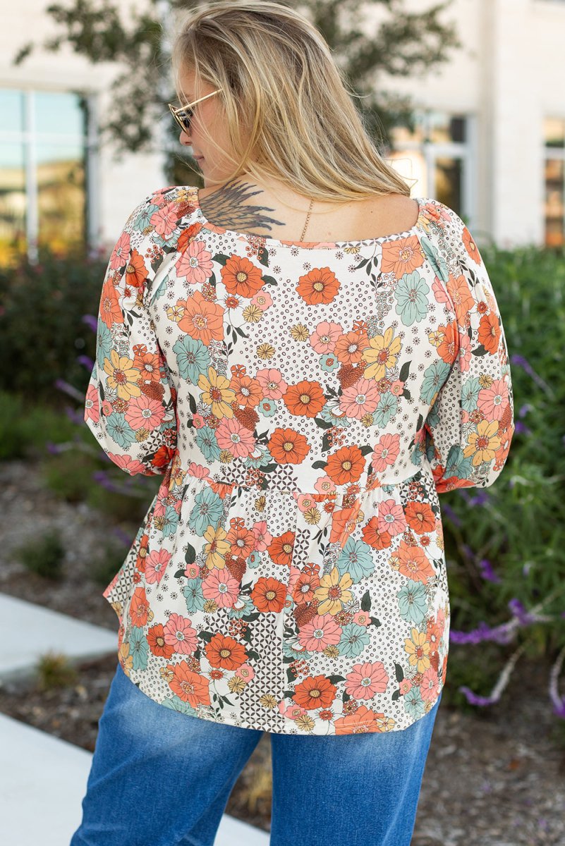 #51 Khaki Plus Size Flower Print Square Neck Peplum Blouse - Purses & Pearls