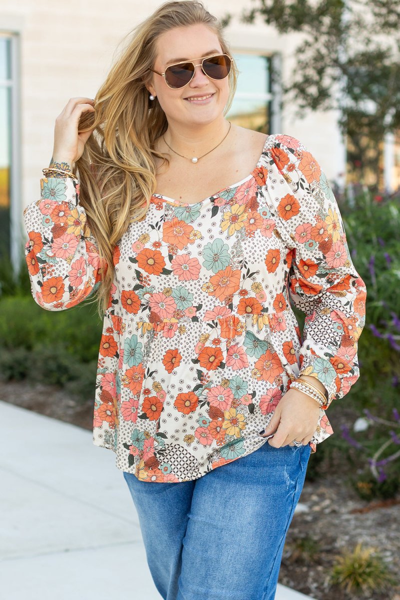 #51 Khaki Plus Size Flower Print Square Neck Peplum Blouse - Purses & Pearls
