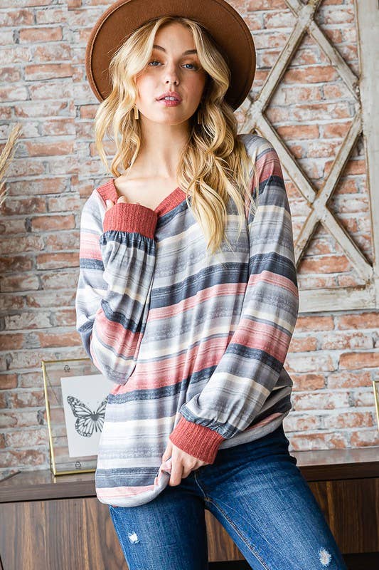 #52 Stripe Top in Charcoal Multi - Purses & Pearls