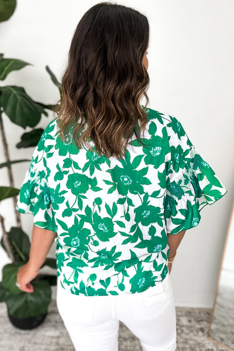#58 Green Floral Printed Ruffled Short Sleeve Round Neck Loose Blouse - Purses & Pearls