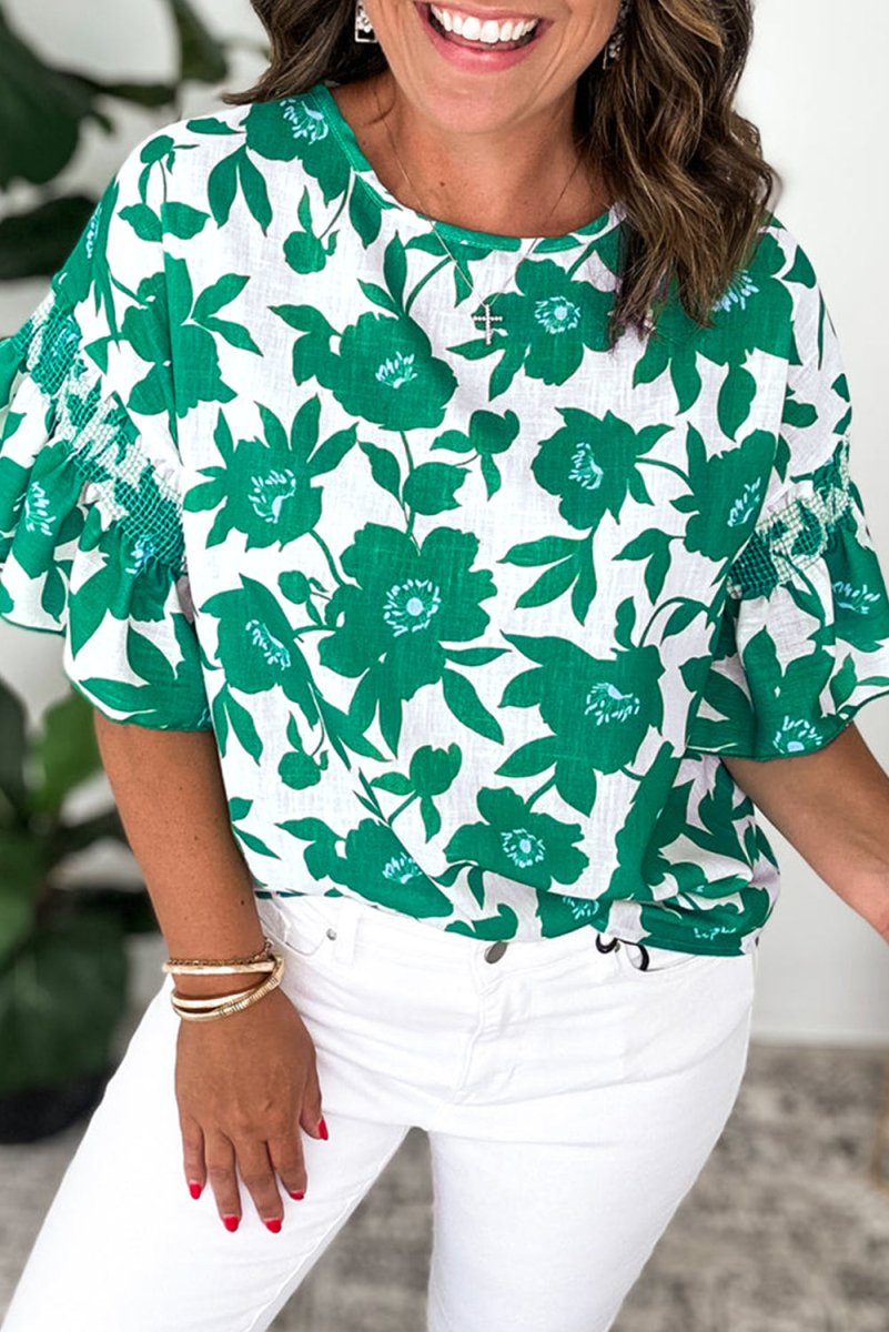 #58 Green Floral Printed Ruffled Short Sleeve Round Neck Loose Blouse - Purses & Pearls