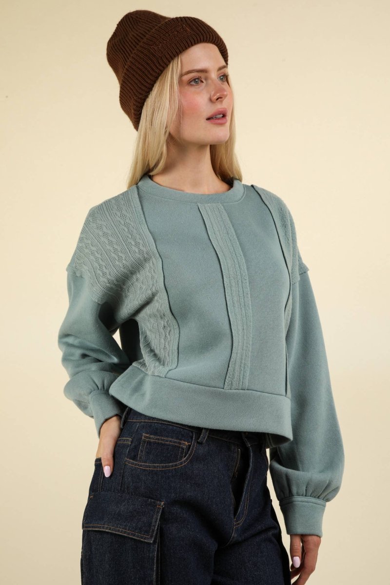 #61 - #64 Cable Contrast Detail Oversized Knit Crop Top - Purses & Pearls