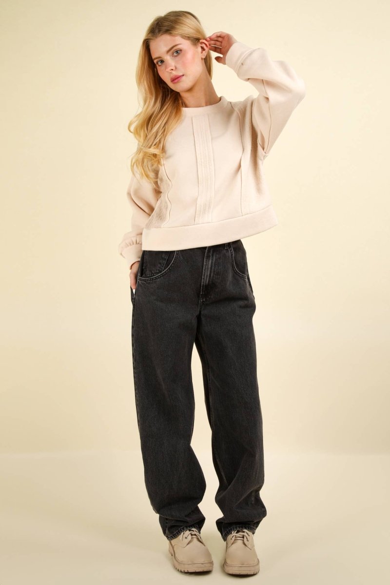 #61 - #64 Cable Contrast Detail Oversized Knit Crop Top - Purses & Pearls