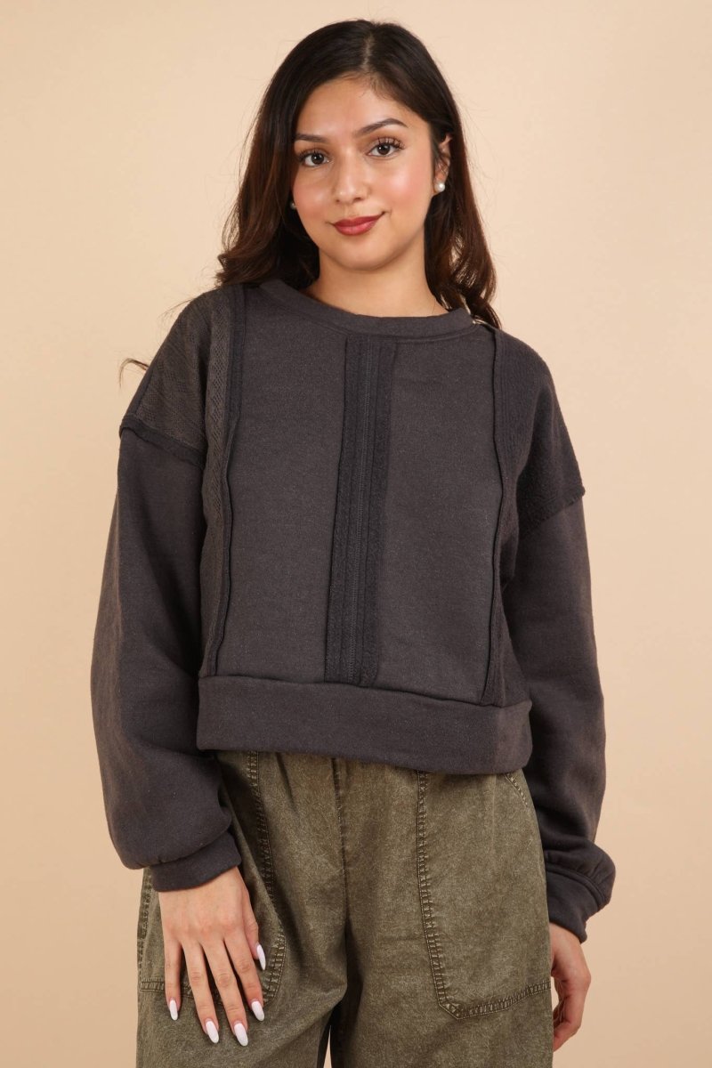 #61 - #64 Cable Contrast Detail Oversized Knit Crop Top - Purses & Pearls