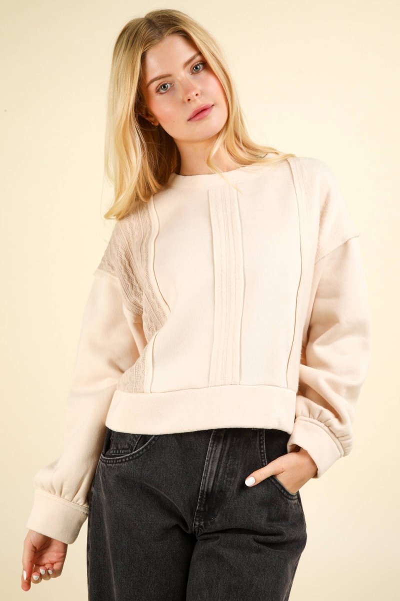 #61 - #64 Cable Contrast Detail Oversized Knit Crop Top - Purses & Pearls