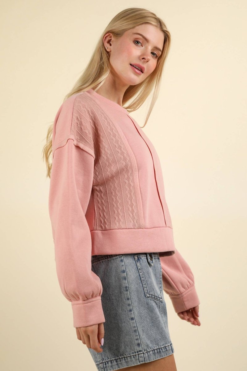 #61 - #64 Cable Contrast Detail Oversized Knit Crop Top - Purses & Pearls