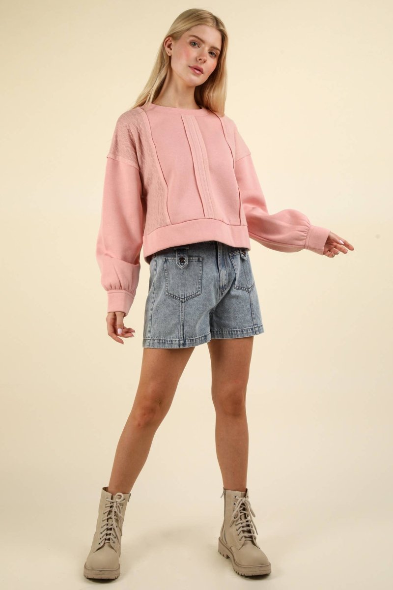 #61 - #64 Cable Contrast Detail Oversized Knit Crop Top - Purses & Pearls