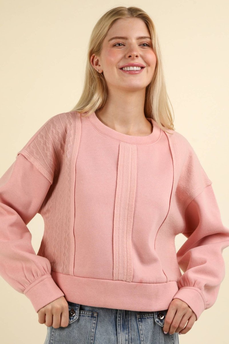 #61 - #64 Cable Contrast Detail Oversized Knit Crop Top - Purses & Pearls