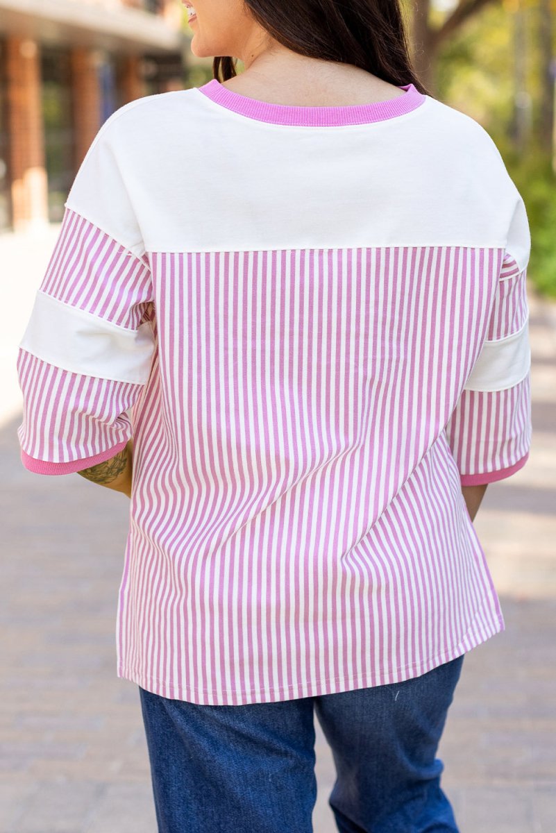 #65 - Small - Striped Patchwork 3/4 Sleeve Casual Top - Purses & Pearls