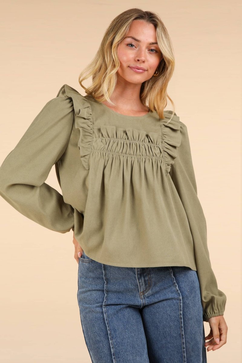 #67 and #68 Casual Ruffle Shoulder Woven Blouse Top - Purses & Pearls