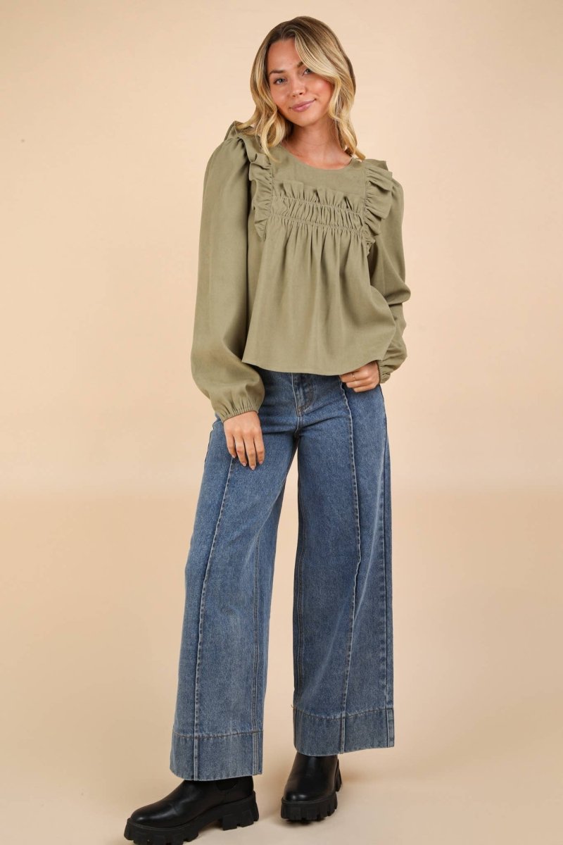 #67 and #68 Casual Ruffle Shoulder Woven Blouse Top - Purses & Pearls