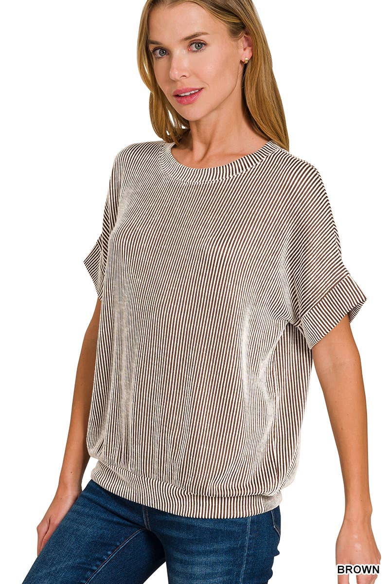 7 Zenana - Corded Rib Short Sleeve Top - Purses & Pearls