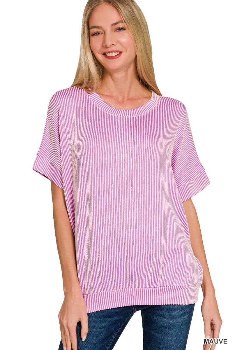 7 Zenana - Corded Rib Short Sleeve Top - Purses & Pearls